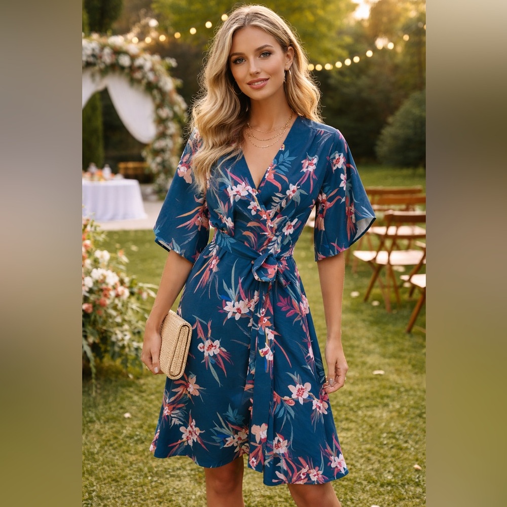 Sheath Dress Plunge Neckline with a wrap look skirt  Size 1X . Wedding Floral